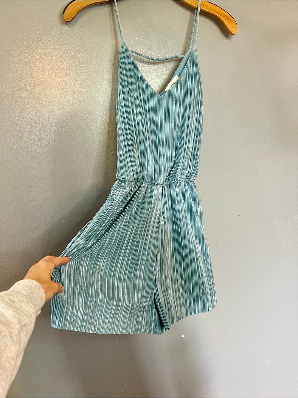 Everly Plissé Pleated Romper in light blue
